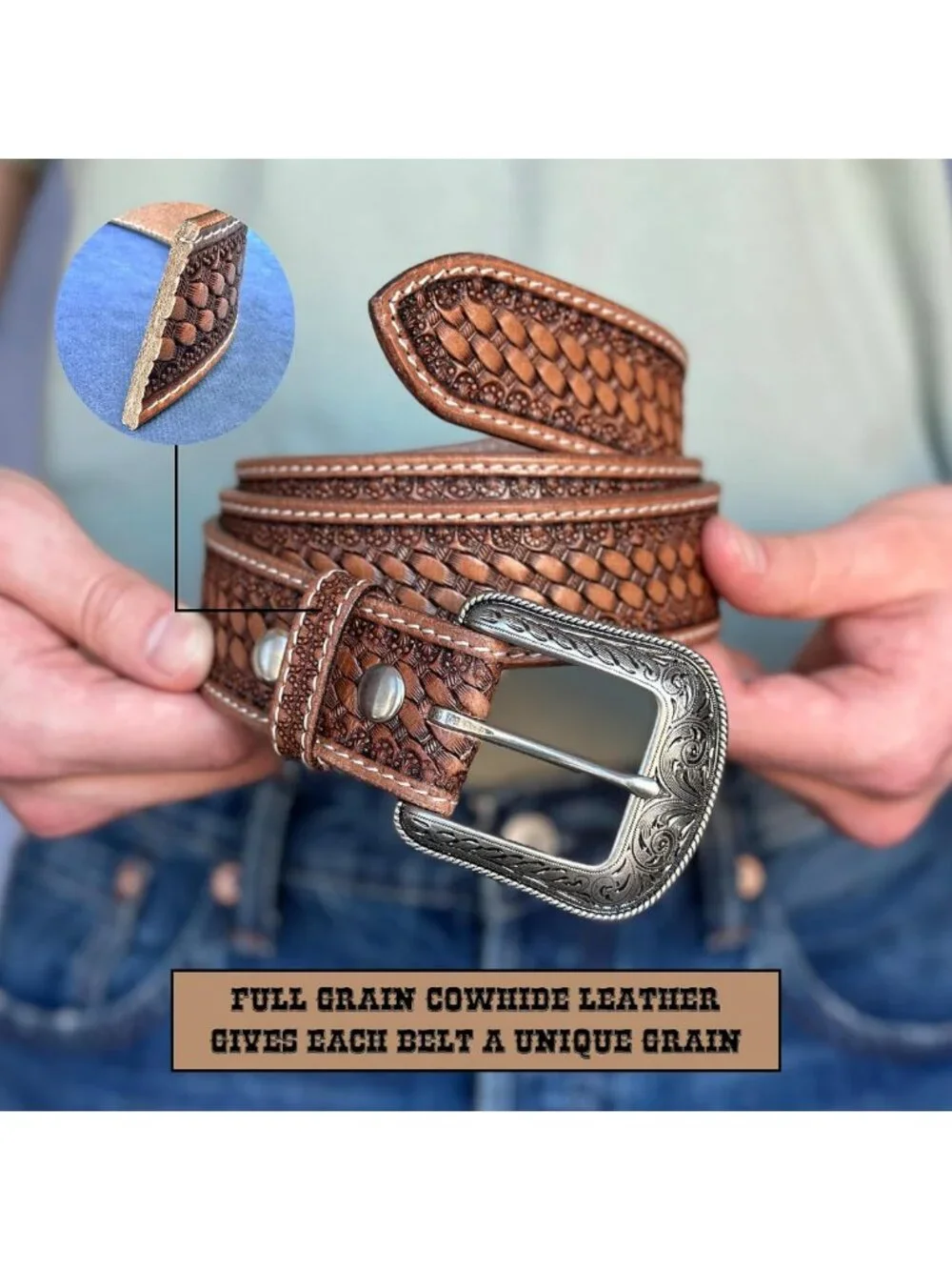 Handmade Full Grain Leather Western Belt for Men, Engraved Tooled Buckle, 1.5